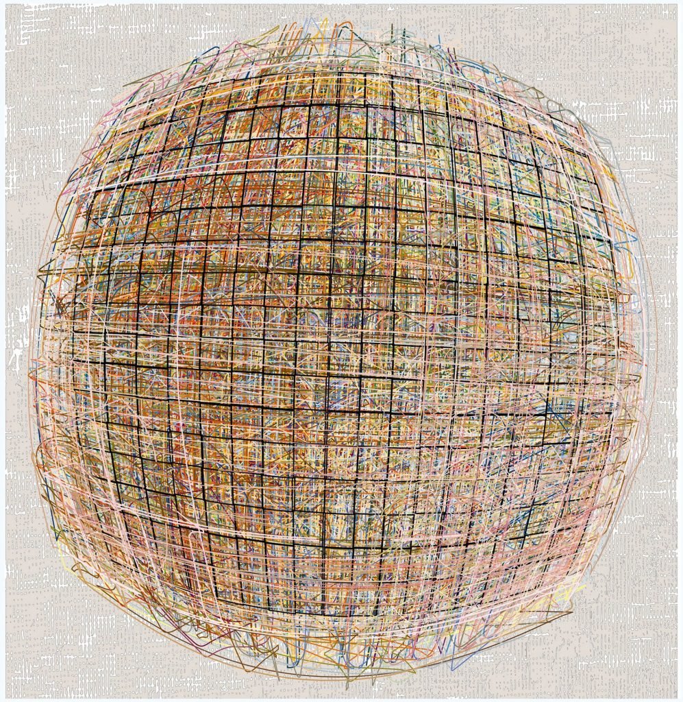 A digital artwork titled Superunknown by Henry Mandell, exhibited at Anita Rogers Gallery. The piece features an intricate, multi-layered spherical form composed of numerous overlapping, multicolored lines and grids, resembling a complex wireframe globe. The background has subtle, textured elements that add depth to the composition. The chaotic yet structured arrangement of lines gives the piece an energetic and dynamic quality, reflecting Mandell’s exploration of digital processes, abstraction, and coded visual language.