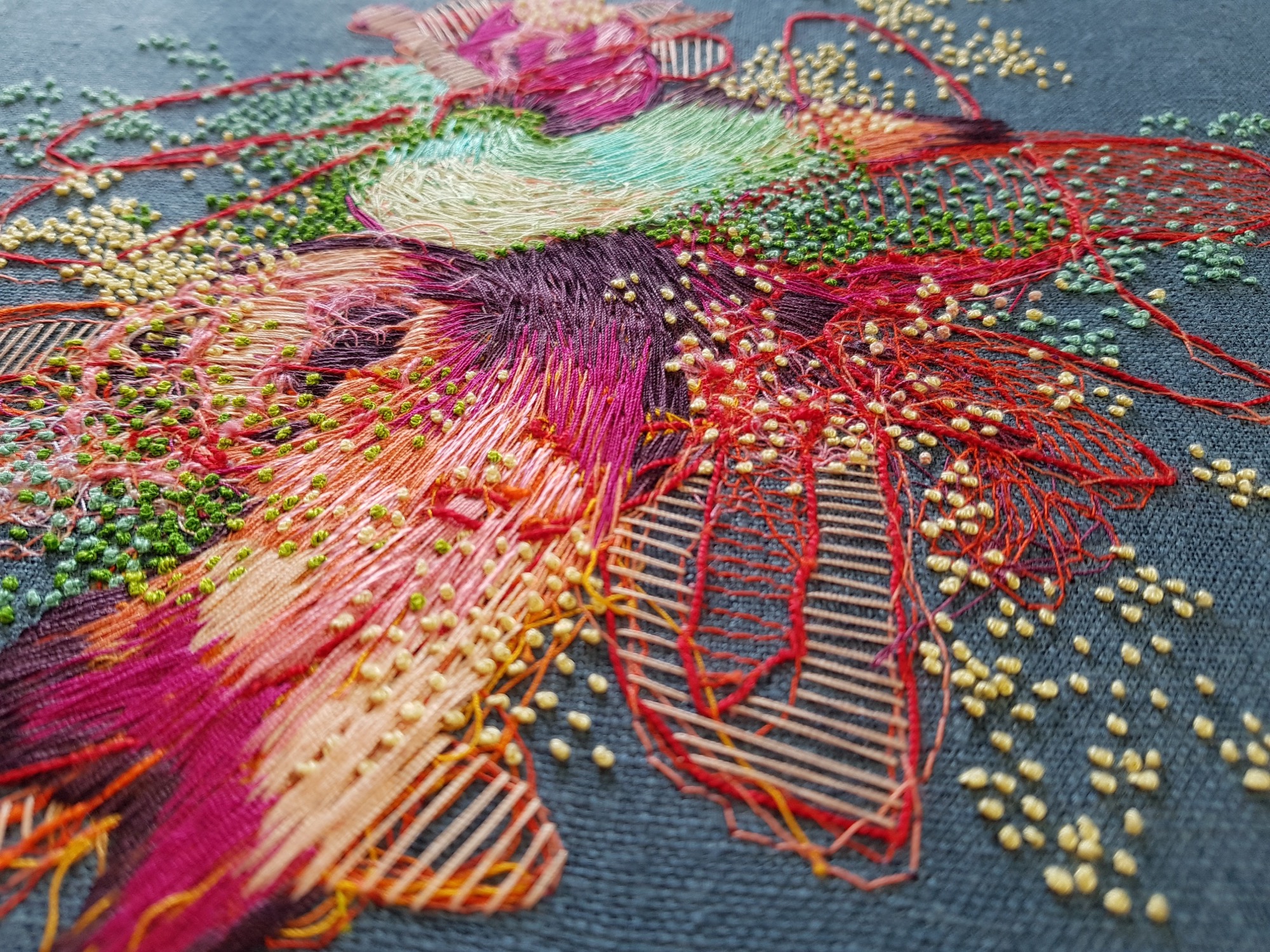 a detail fo a colorful abstract embroidery on blue fabric