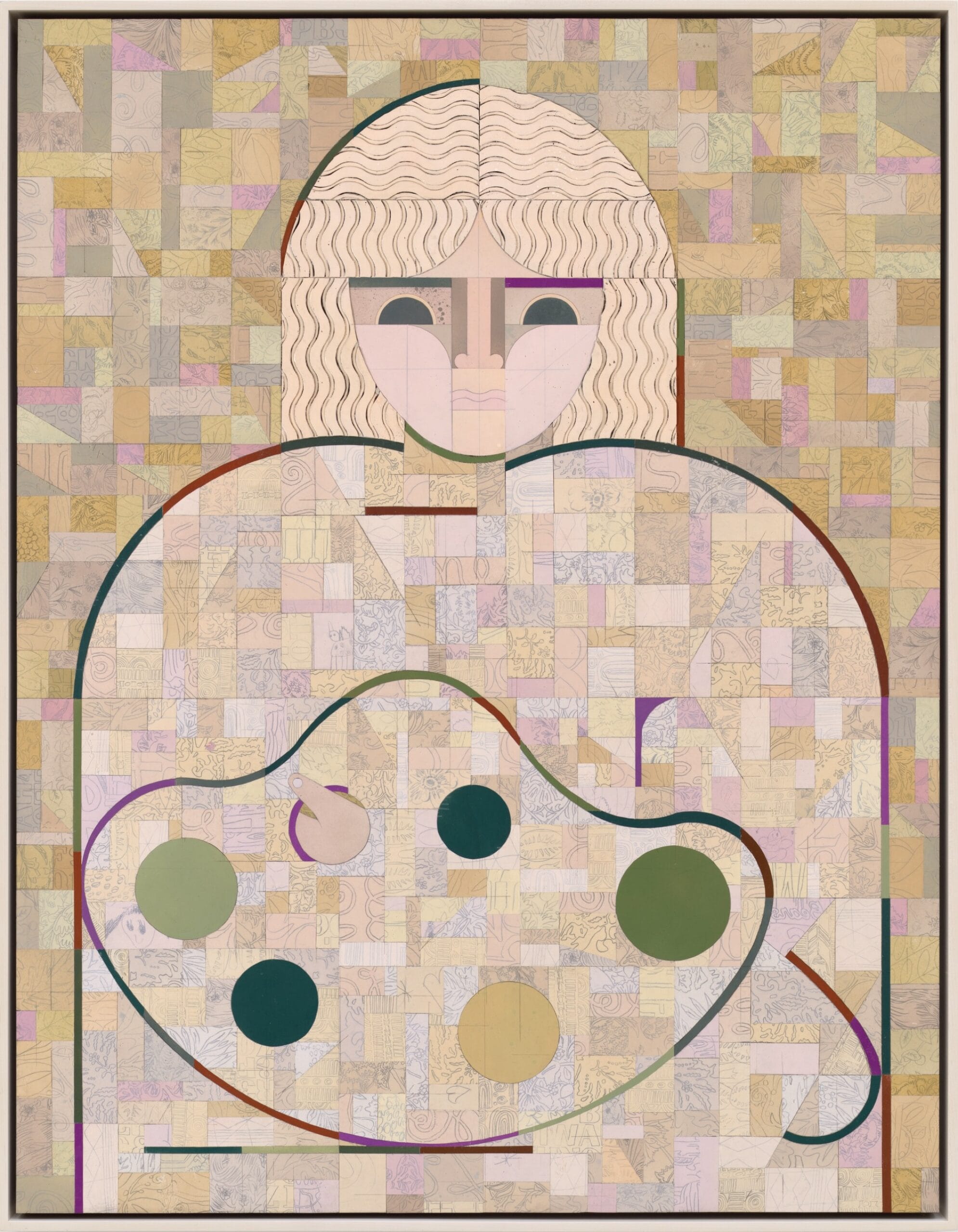 a vertical painting of a woman composed of abstract, patterned, geometric shapes, holding a painting palette