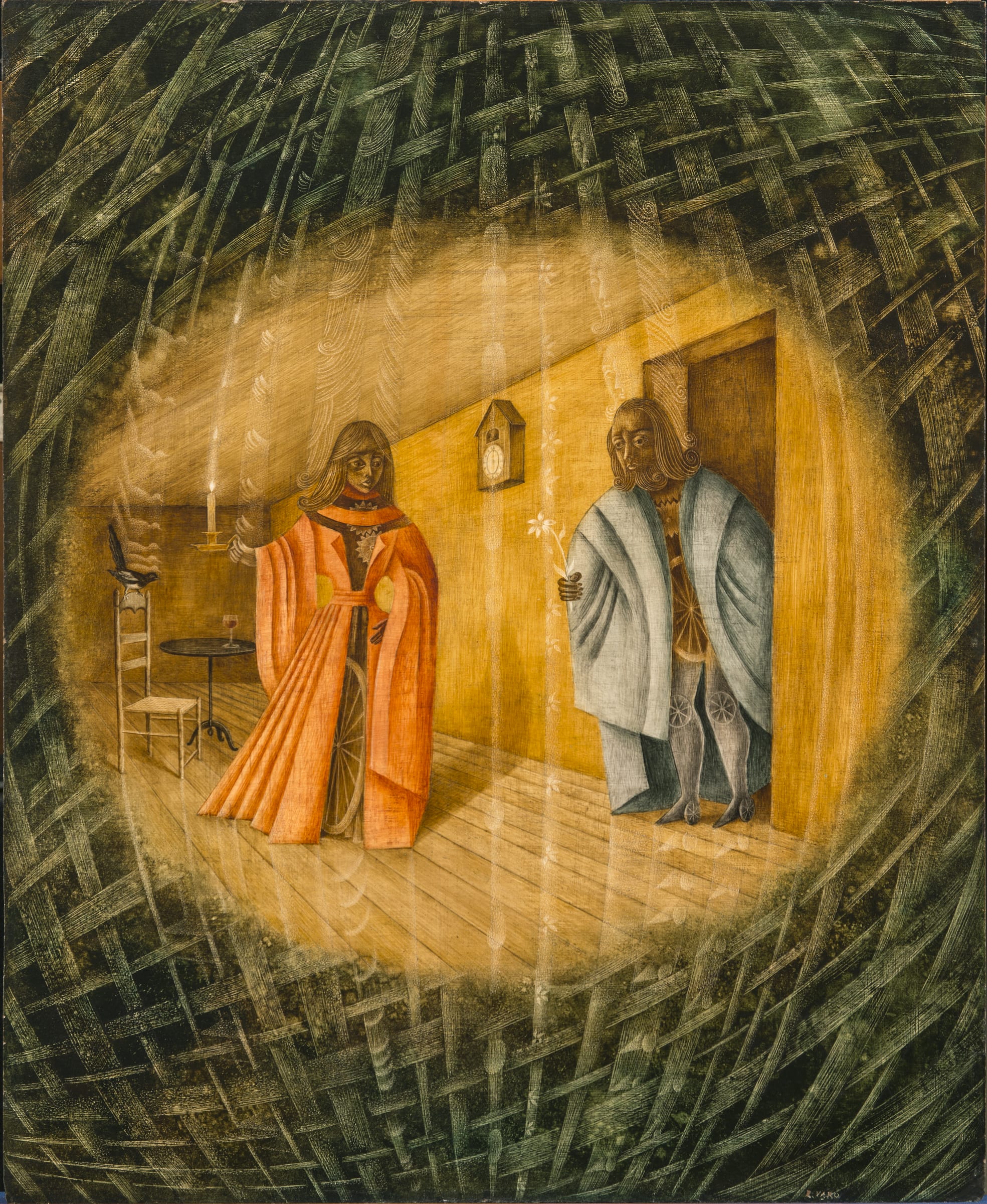 Green-tinted woven wood covers the corners and leads to the middle where a woman in an orange cloak made from various wooden objects such as a wagon wheel holds a candle and looks to her right at a man entering into the room from a door. The man is wearing a blue cloak and is also comprised of wooden objects. In his right hand, he holds a white flower. Behind them, a clock hangs on the wall, and in the left corner, a blackbird perches on a chair.