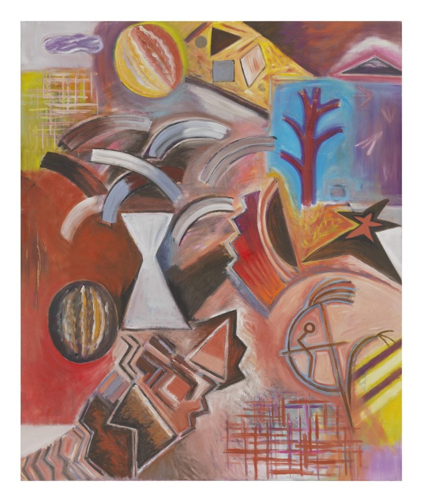 a colorful abstract painting by Jaune Quick-to-See Smith