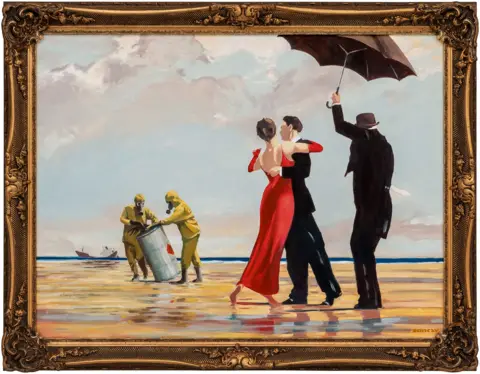 SOTHEBY'S Crude Oil (Vettriano) by Banksy shows a couple dancing on a storm-swept beach accompanied by their butler and maid, but with two figures in yellow hazmat suits disposing of an oil drum in the background.