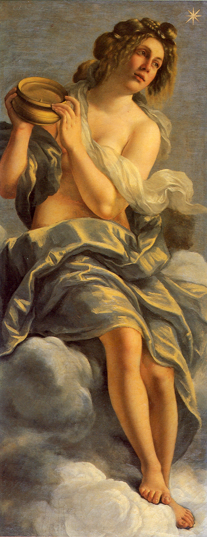 A semi-nude woman sits on a cloud in a celestial setting, holding a golden bowl and looking upward toward a bright star.