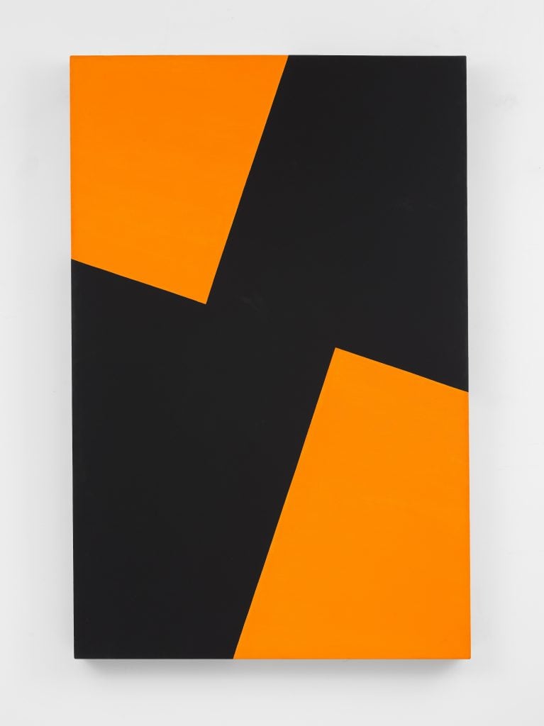 a geometrically striking painting featuring large black and orange squares by Carmen Herrera