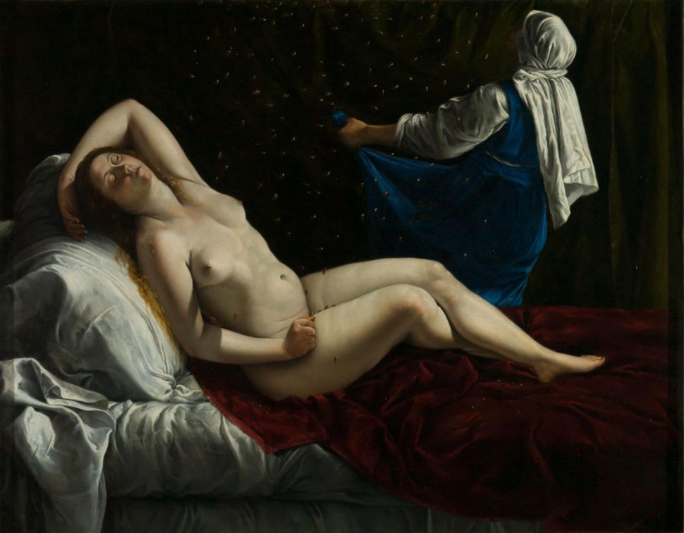 A nude woman lounges with legs crossed in a dark room while a person dressed in blue with a white headscarf attempts to catch coins falling from the sky