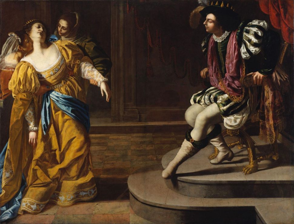 A richly dressed woman collapses in the arms of her attendants while a man in royal clothing seated on a throne watches her from a distance.