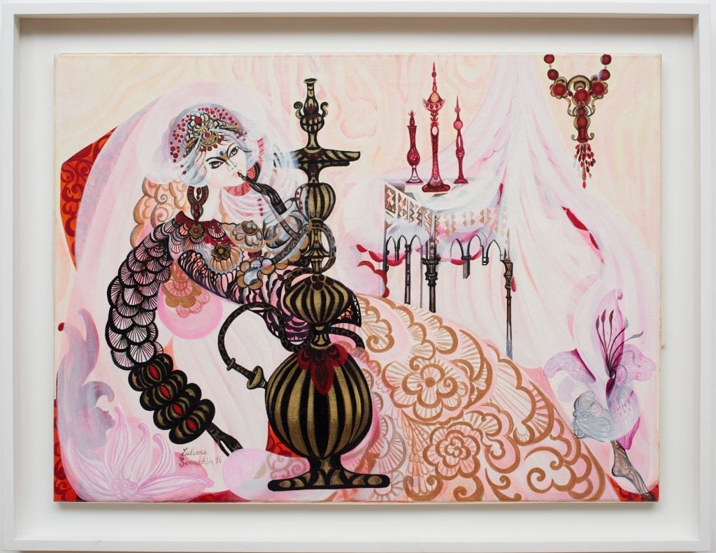 a painting of a woman in very fine pink dress smoking hookah next to some candles