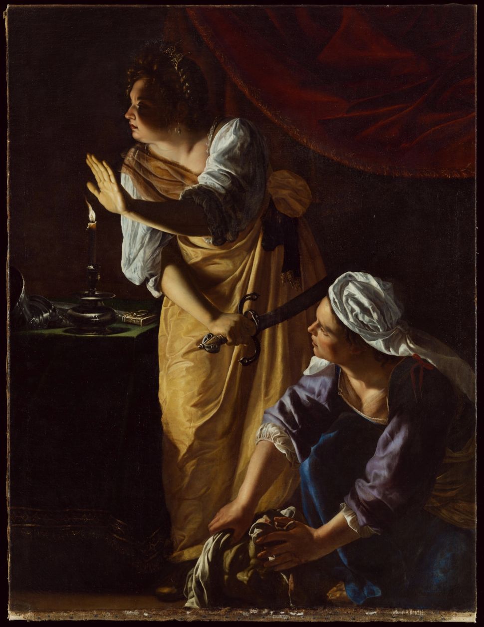 Two women, one standing bent and one crouching, look off into the distance; the first holds a sword while the second grasps the head of a man