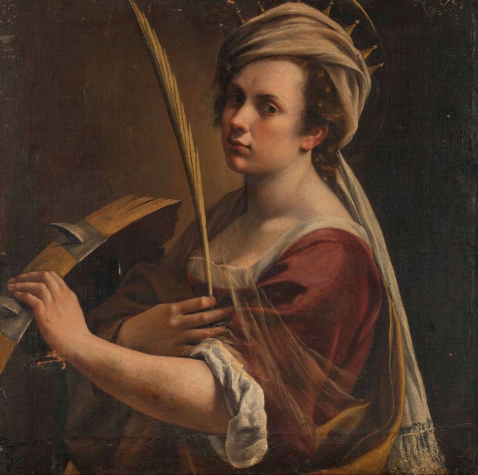 A young woman with a halo and turban gazes outward while holding a palm frond and standing next to a spiked torture wheel.