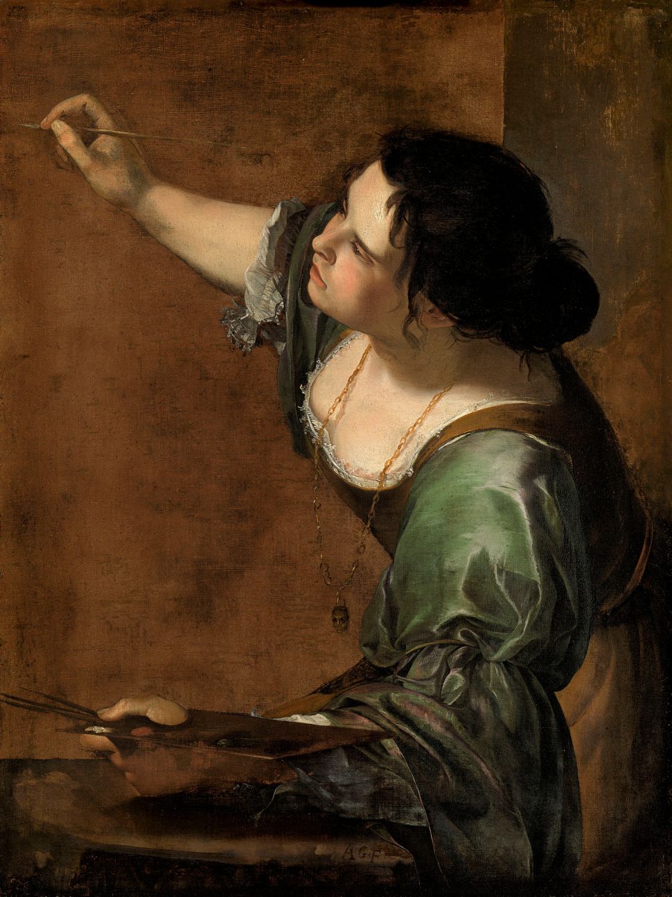 A woman in Renaissance clothing, possibly a self-portrait, reaches upward with a paintbrush while holding a palette in her other hand.