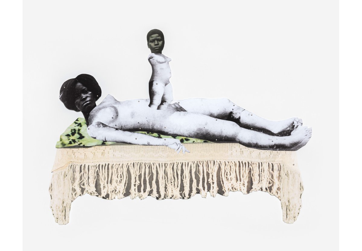 A collaged artwork of a Black mother and her baby, made from historical imagery of body parts. She is lying down as if just having given birth, and he is standing up on her stomach. Both are looking out at the viewer.