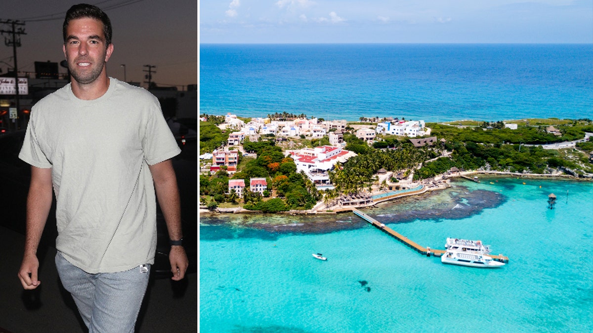 A split image of Billy McFarland and the Isla Mujeres coastline