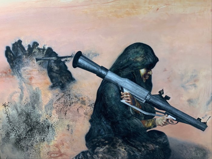 A painting of a woman wearing a hijab and holding a bazooka