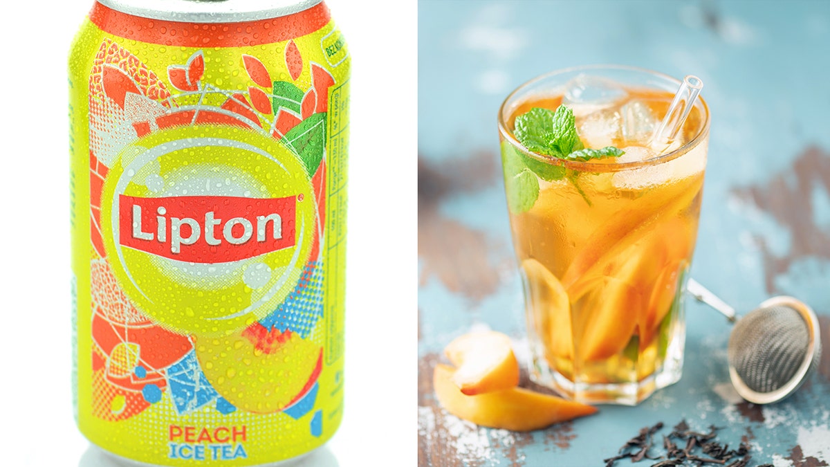 A cold can of Lipton Peach Ice Tea is shown in front of a white background, left. Peach tea is shown in a glass with a plastic straw, right.