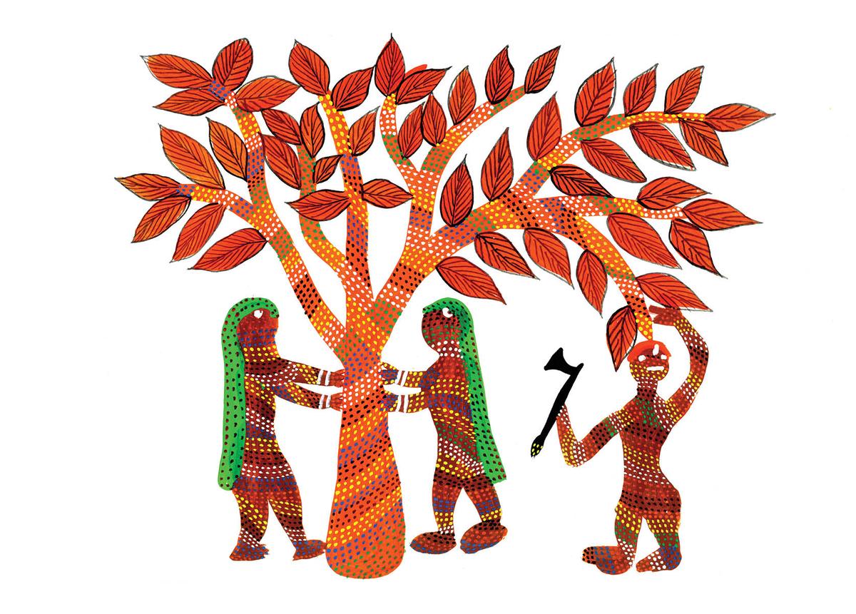 Artwork by Lado Bai depicting two women protecting a tree Artwork by Lado Bai depicting two women protecting a tree