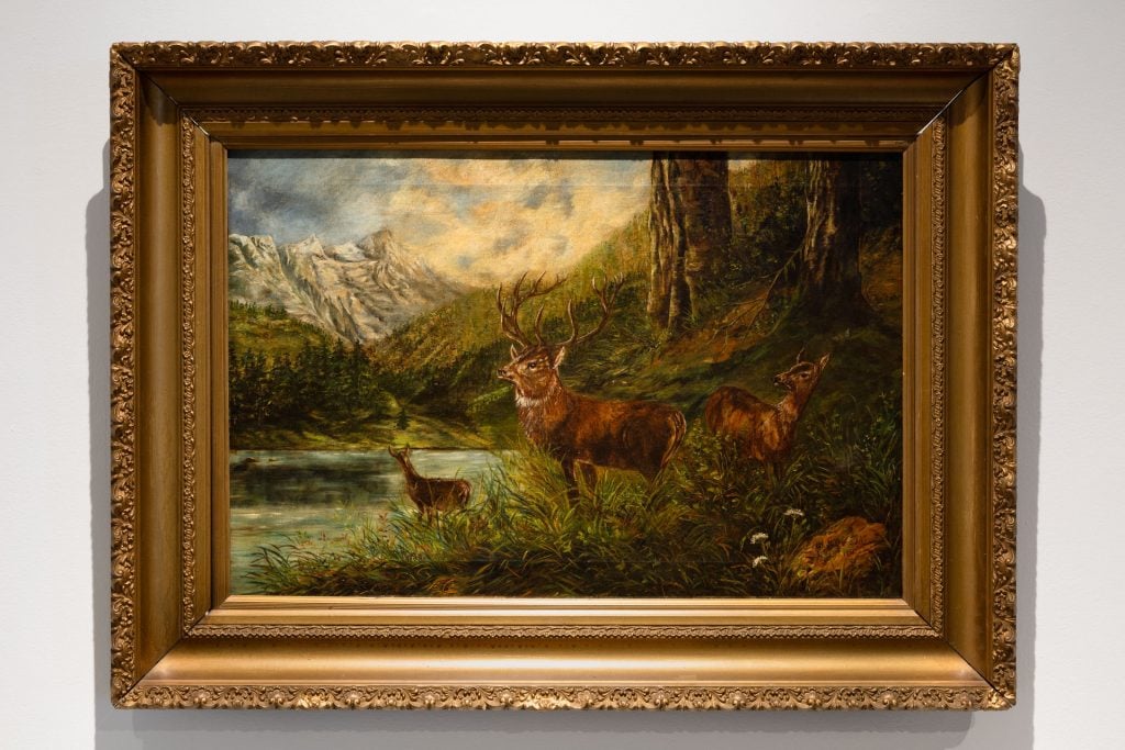 a painting of a grassy landscape populated by deer and with mountains behind