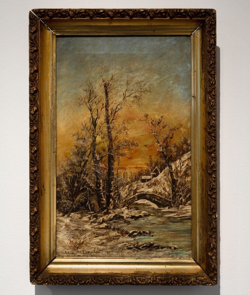 a tall painting of a snowy landscape at sunset, with the sky an orange haze