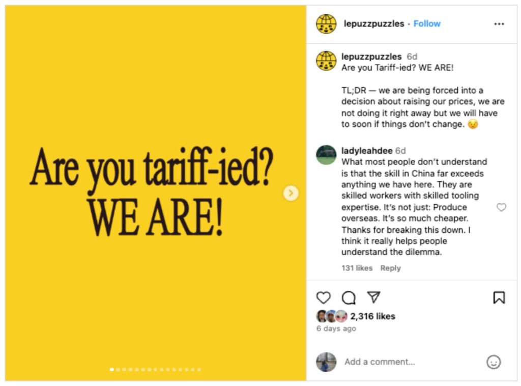 An Instagram carousel from Le Puzz, explaining how their business will be impacted by the 2025 tariffs. 