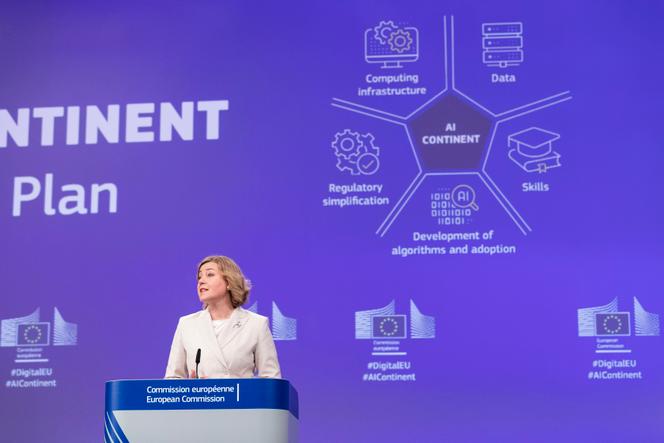 Henna Virkkunen, European commissioner for technological sovereignty, during a press conference on artificial intelligence, in Brussels, on April 9, 2025.