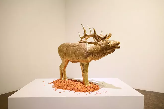 Oklahoma-based Anita Fields referenced the Osage creation story in the sculptural installation When the Elk Created the Earth. - Bryan Rindfuss