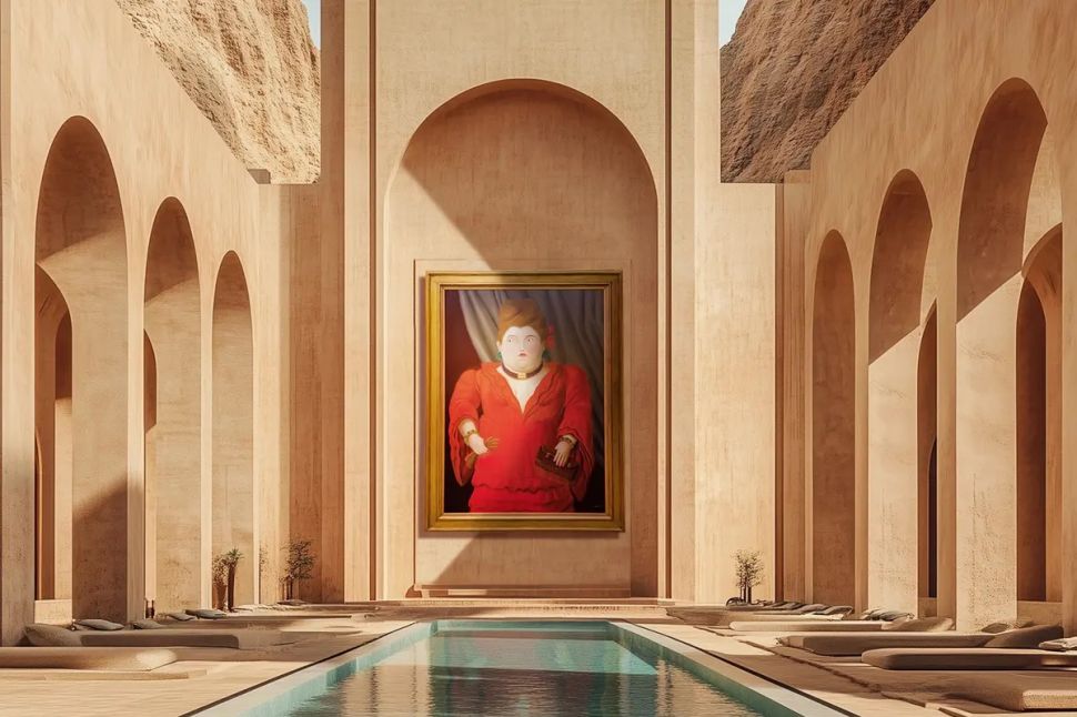 Painting of an austere fat woman dressed in red hanging over a pool.