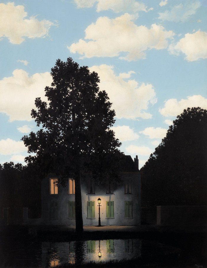 Painting of a house by night set against a daytime blue sky