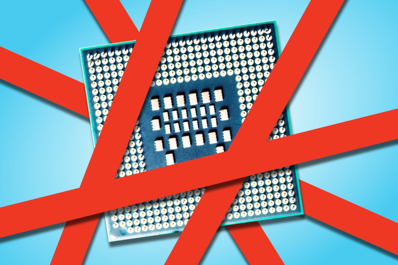 An illustration shows red tape lines crossing over and entrapping a semiconductor chip.