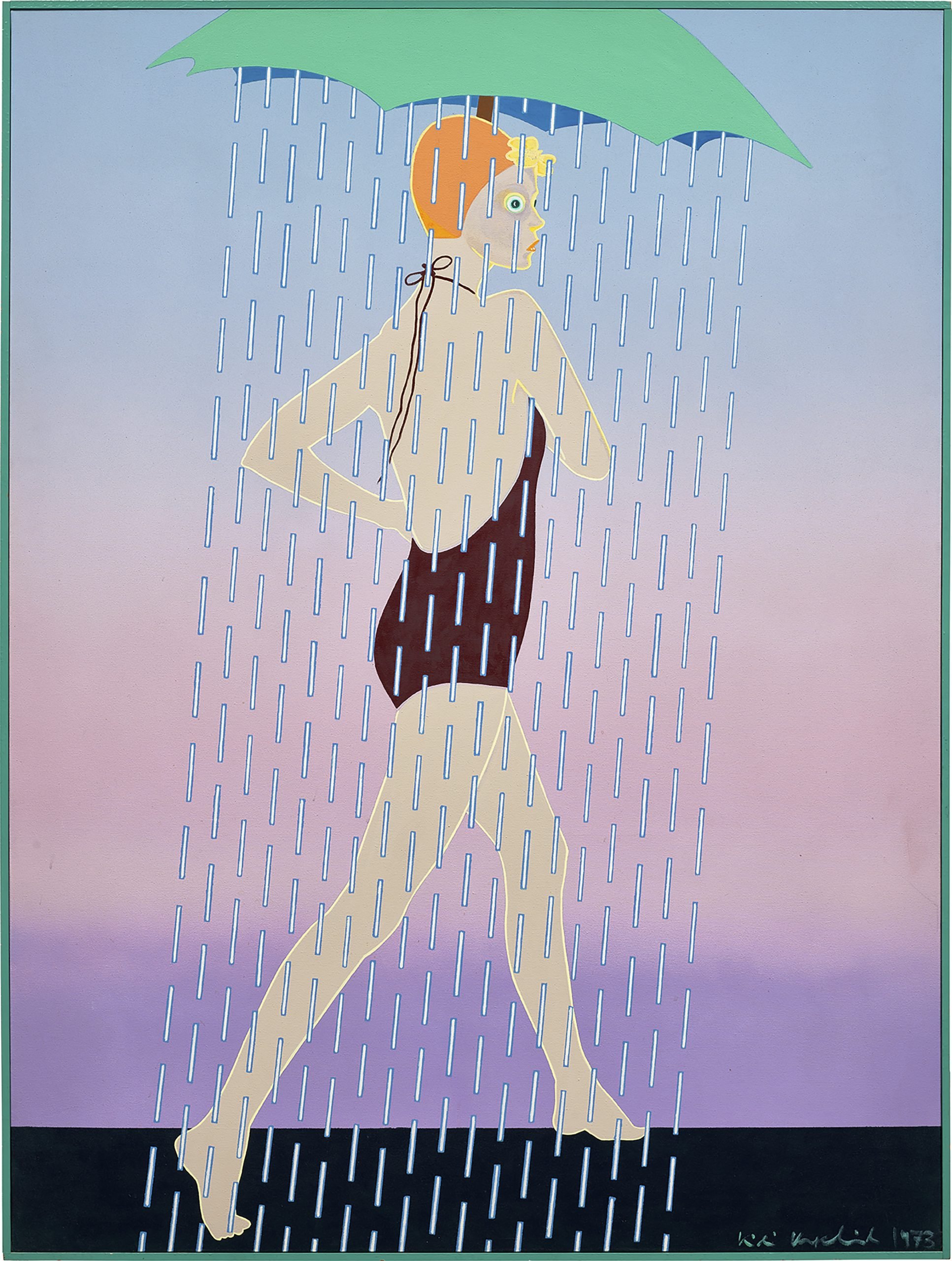 A stylized, colorful painting of a figure in a swimsuit and swim cap walking barefoot in the rain under a large green umbrella, set against a soft gradient sky.