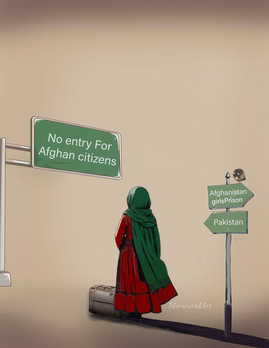 A poignant painting of an Afghan girl trapped between oppression at home and rejection abroad. (Painting Credit: Exclusive)