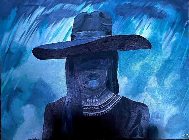 A contemporary painting by Keelie Mijares-Vallie, whose work blends abstraction, portraiture, and vivid emotional tones. (Keelie Mijares-Vallie/Courtesy photo)
