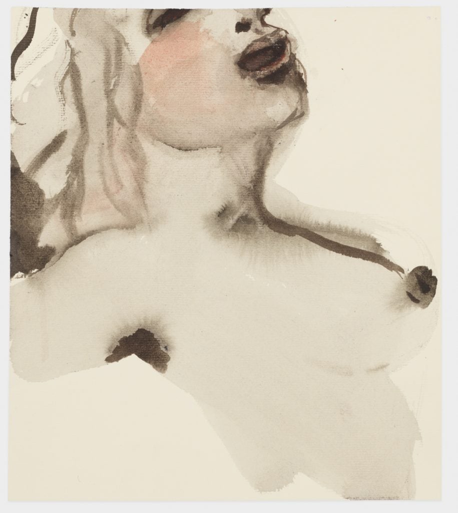 a painted sketch of a topless woman leaning back as though in pleasure