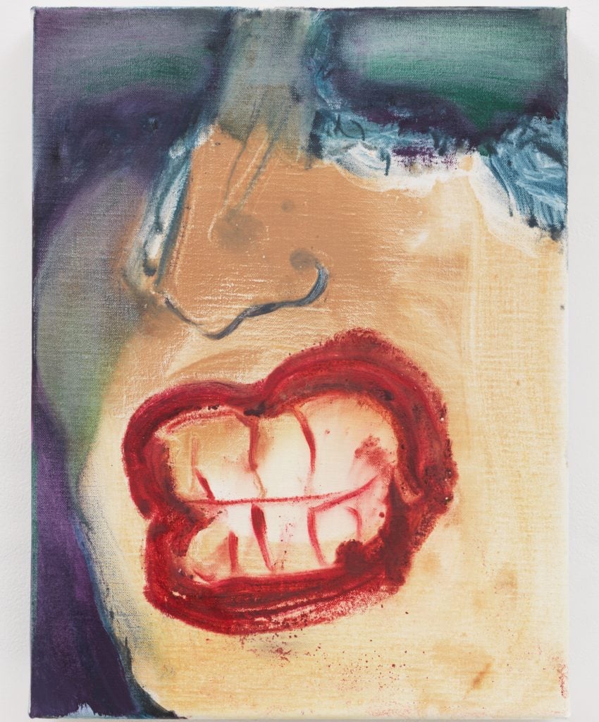 a closely cropped painting of the face of a heavily made up crying woman bearing her teeth