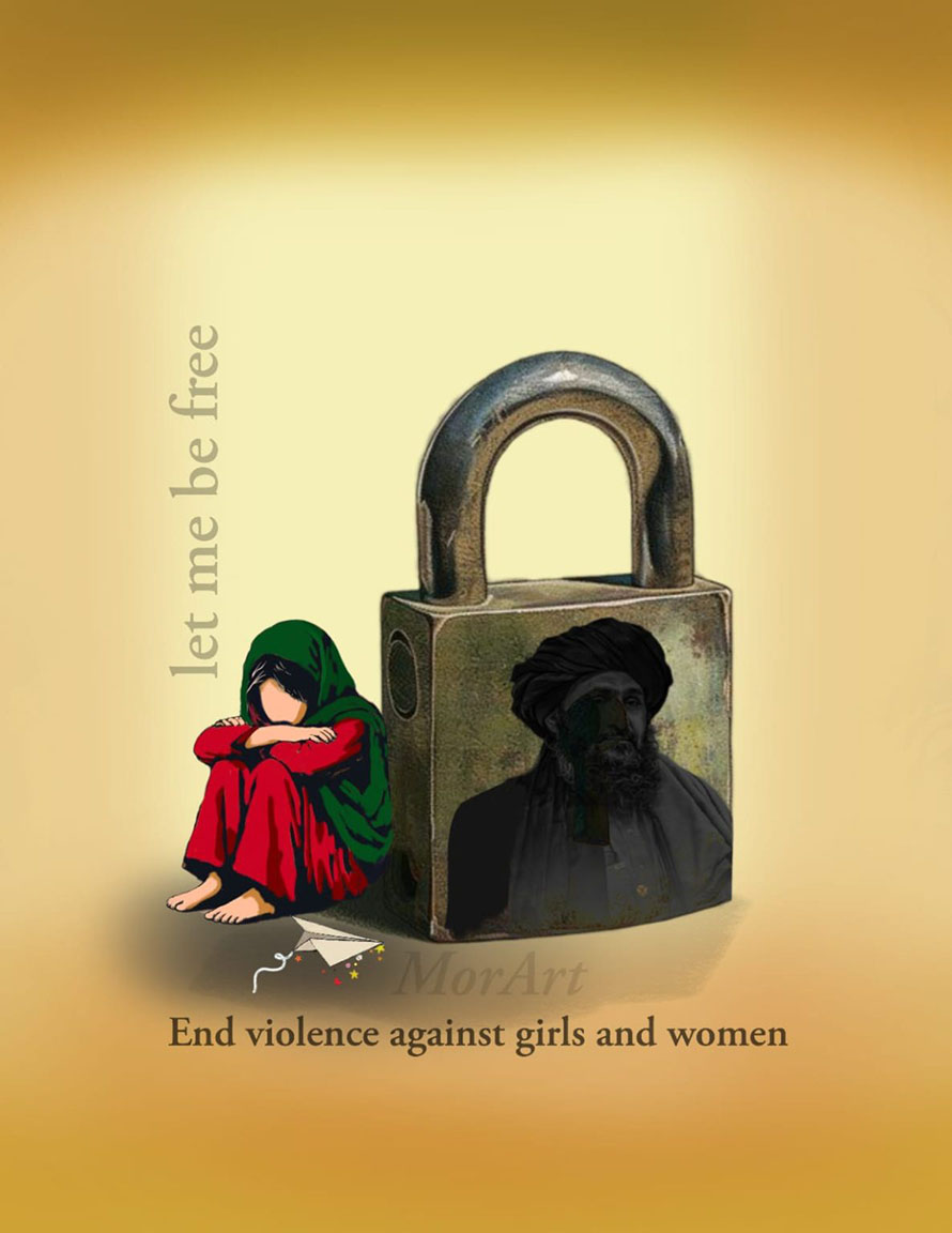 A painting symbolizing the oppression of Afghan women and girls, urging an end to gender-based violence. (Photo Credit: Exclusive)
