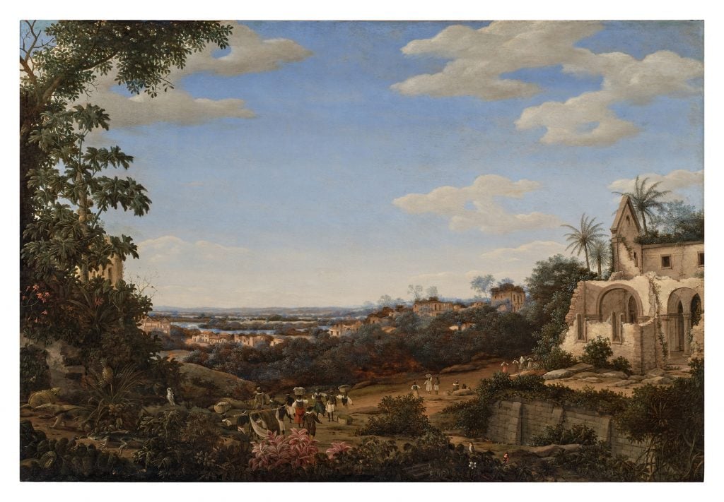 A framed landscape painting by Frans Post featuring Olinda, Brazil, with lush greenery and Jesuit ruins.