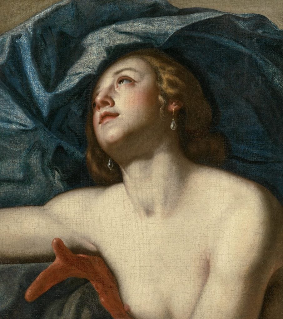 Old Masters painting detail of a woman with pearl earrings and blue drapery, auction art market focus.