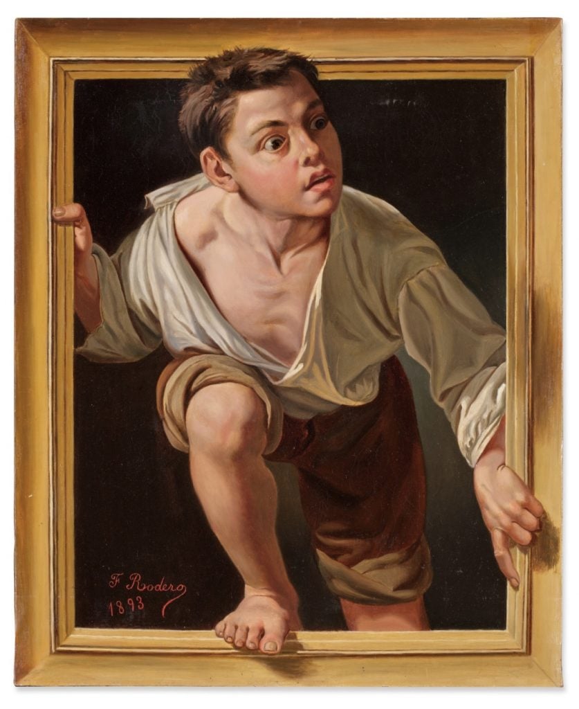 Trompe l’oeil Old Masters painting of boy climbing out of picture frame by Francisca Rodero, 1893.