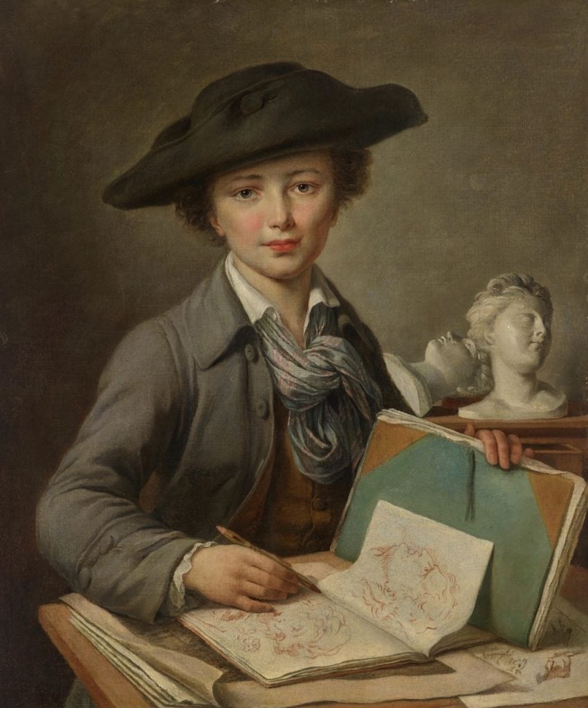 Old Masters painting of a young artist drawing at a desk with classical busts, highlighting historical art market and auction interest.