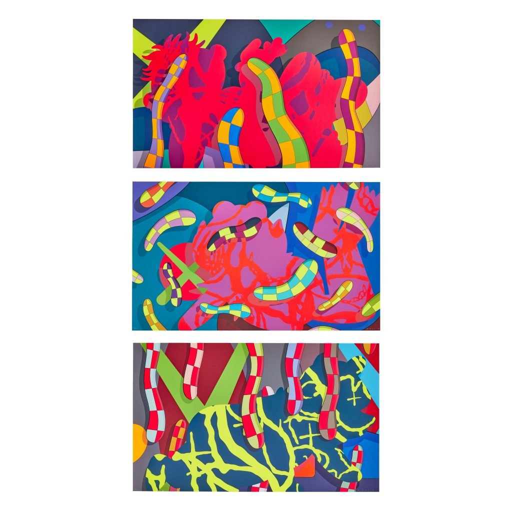Abstract triptych by KAWS features red forms and multicolored worm-like shapes against vibrant, high-contrast geometric backgrounds.