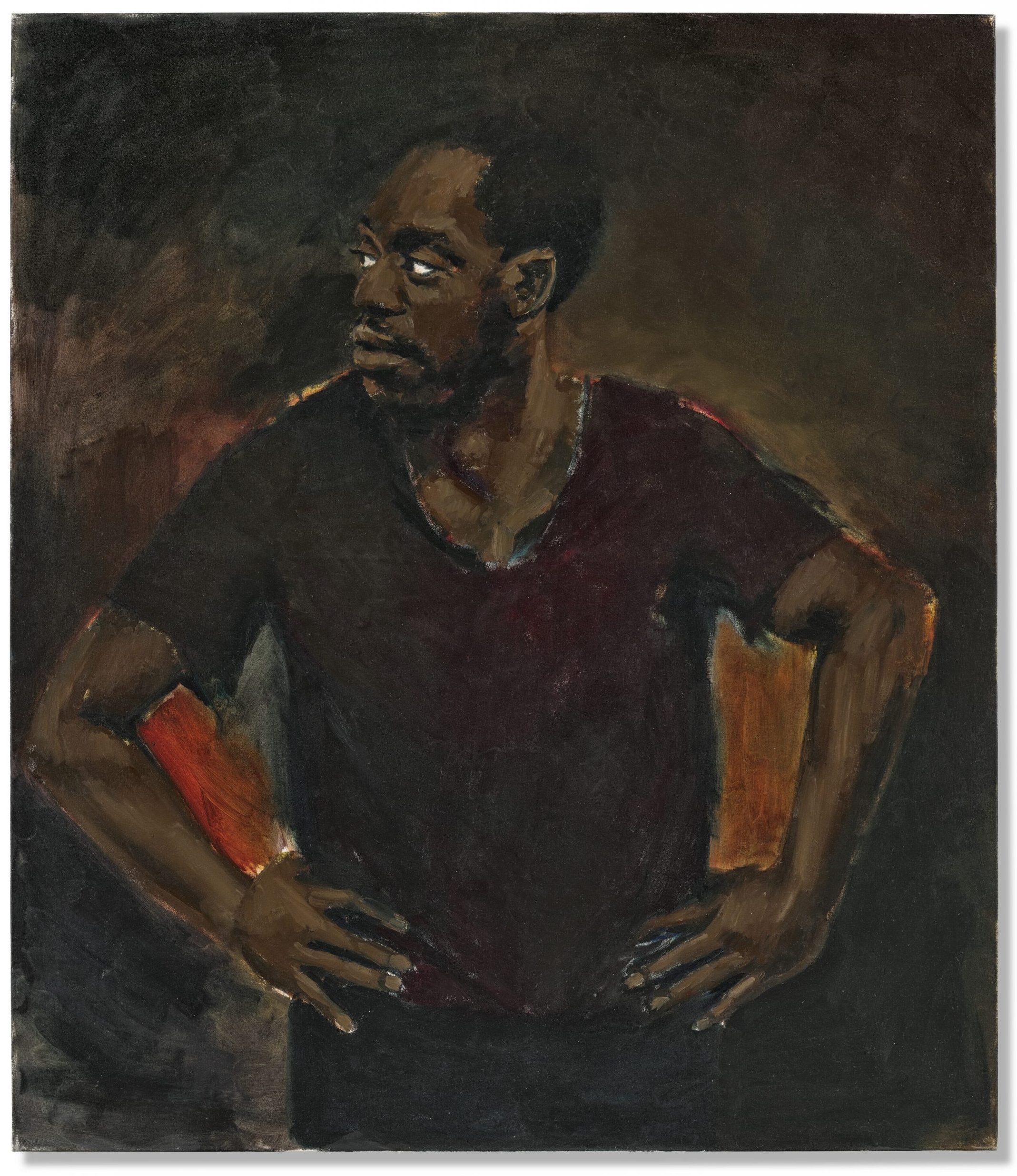 A moody, expressive painting of a man with his hands on his hips, gazing to the side against a dark, shadowy background, with rich earthy tones highlighting his figure.
