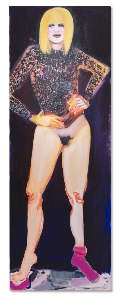 A bold, expressive painting of a figure with blonde hair wearing a glittering top and pink socks, striking a confident pose against a dark, abstract background.