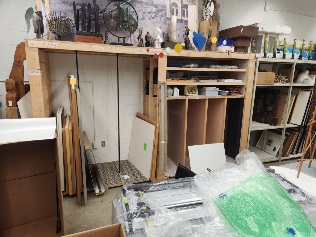 Empty storage racks at the Freedman Gallery