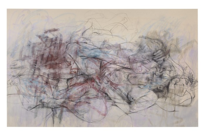 An oil stain, pastel and charcoal drawing of a reclining woman on canvas
