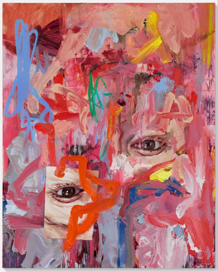 A colourful painting of an upside-down face, featuring multiple eyes and lots of colourful paint strokes
