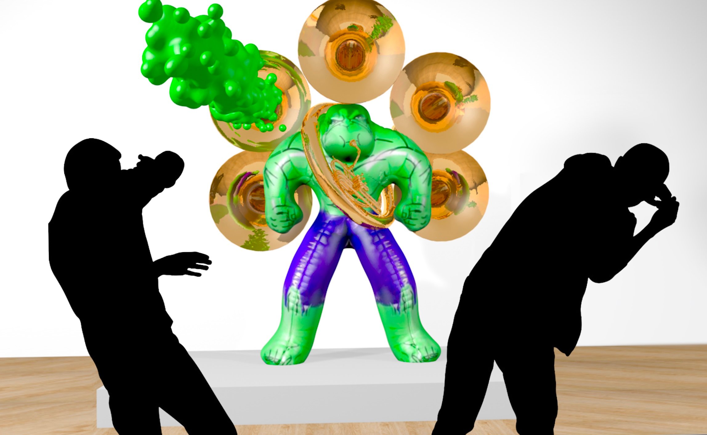 The same Hulk-like inflatable sculpture with golden reflective spheres in the background. Two silhouetted people are in front—one recoiling dramatically, and the other holding up a camera to photograph the scene.