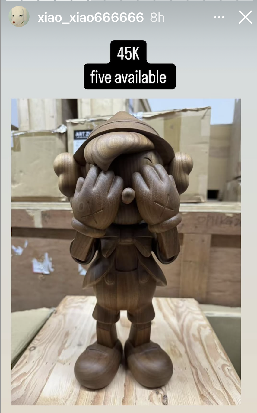 Limited edition KAWS Pinocchio Companion wood sculpture for sale by xiao_xiao666666 on Instagram, five available for $45,000, contemporary collectible art toy.