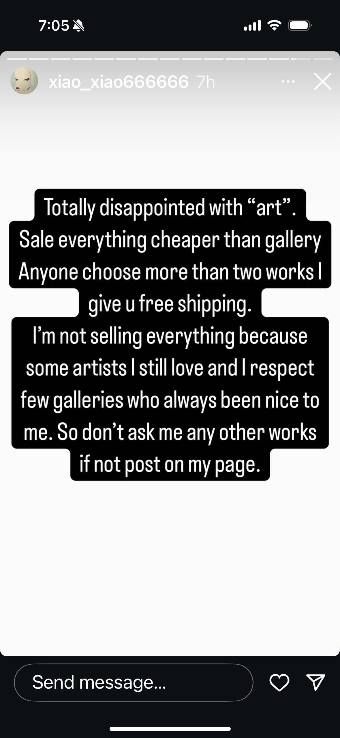 Instagram Story by xiao_xiao666666 expressing disappointment with the art market, announcing art sale cheaper than gallery prices, free shipping for multiple works, and respect for select artists and galleries.
