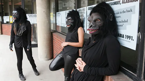 Andrew Hinderaker The Guerrilla Girls staging a protest in their trademark gorilla masks, 2015 (Credit: Andrew Hinderaker)