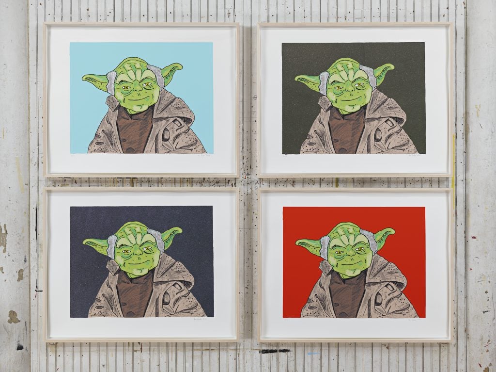 Four Yoda portraits in pop-art style with varied colorful backgrounds in a grid layout.