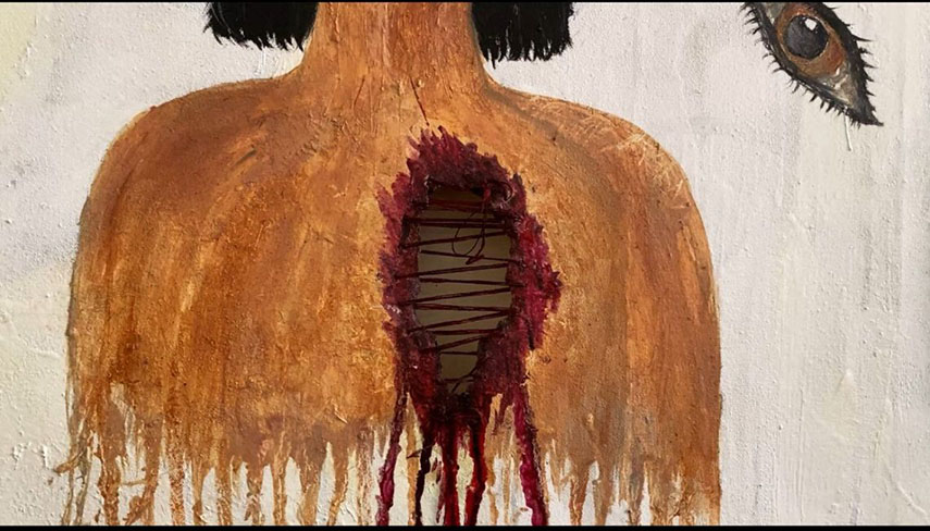Painting depicts woman with wounded chest and watchful eye, expressing pain and resilience. (Photo Credit: Exclusive)