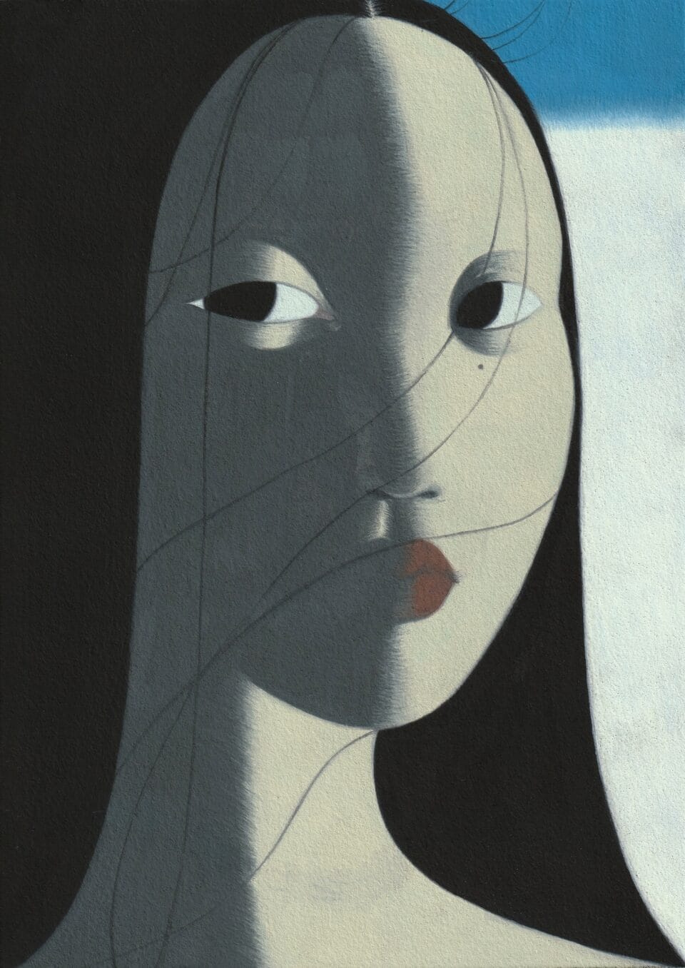 a vertical, simplified portrait of an Asian woman with long black hair, with a dark shadow on one side of her face